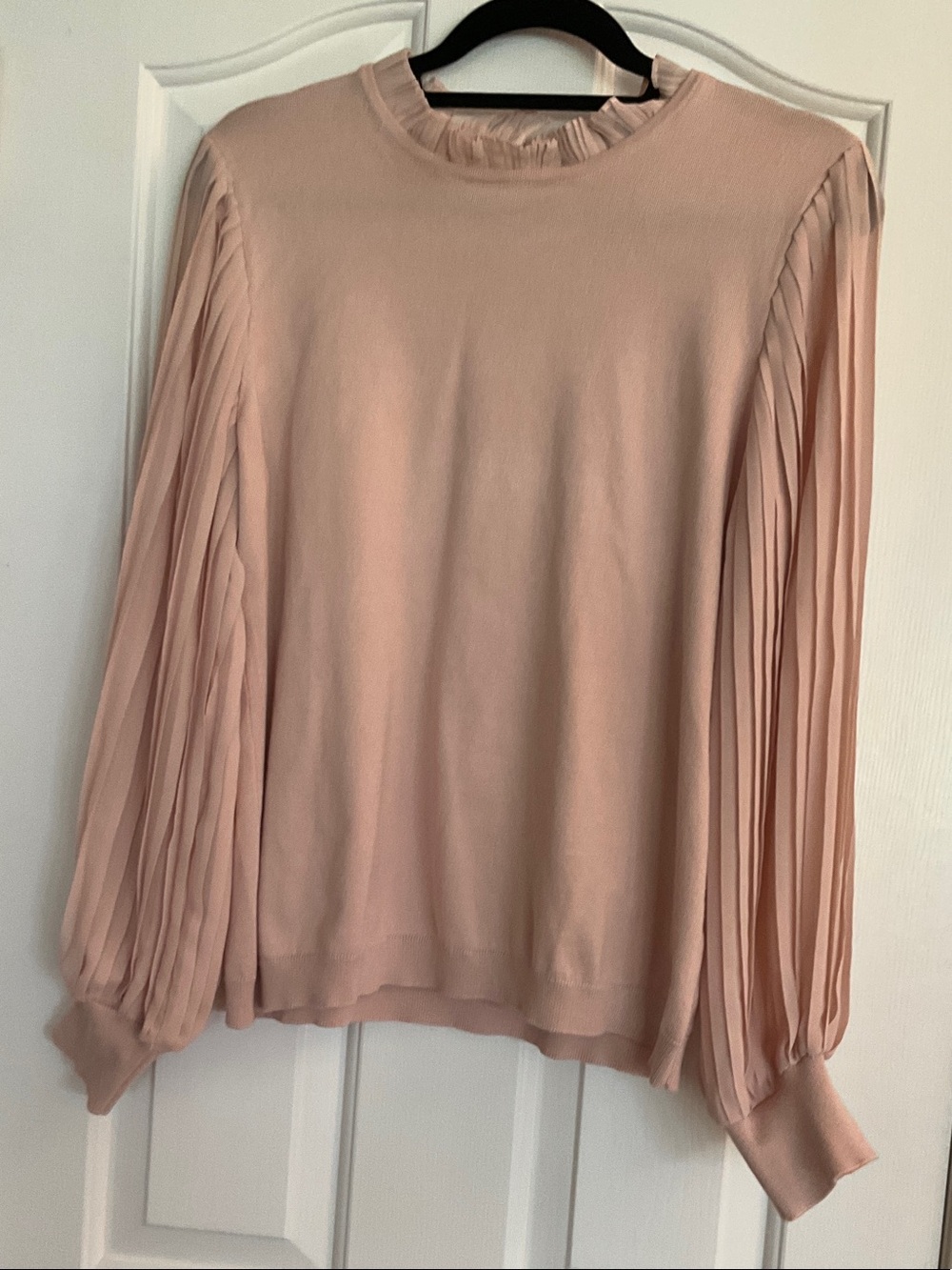 Adrianna Papell Blush Pleated-Sleeve Ruffle Neck Top